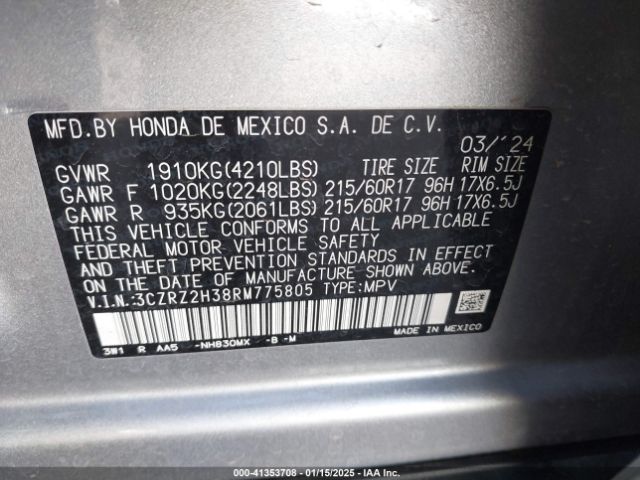 3CZRZ2H38RM775805 Honda Hr-v Awd Lx