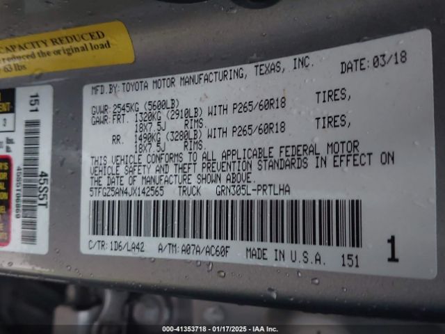 5TFGZ5AN4JX142565 Toyota Tacoma Limited