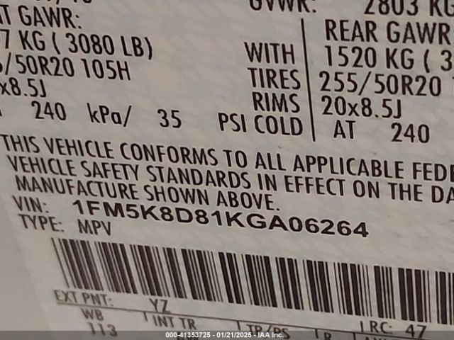 1FM5K8D81KGA06264 Ford EXPLORER XLT