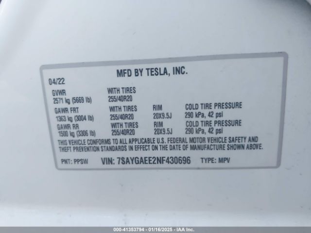 7SAYGAEE2NF430696 Tesla Model Y Long Range Dual Motor All-wheel Drive