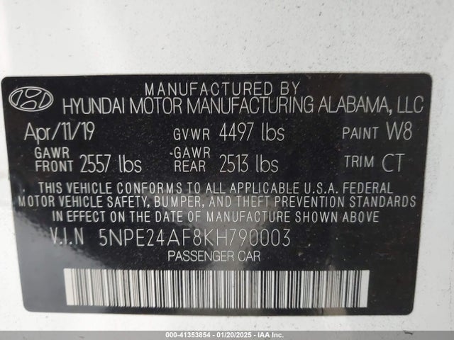 5NPE24AF8KH790003 Hyundai SONATA SE