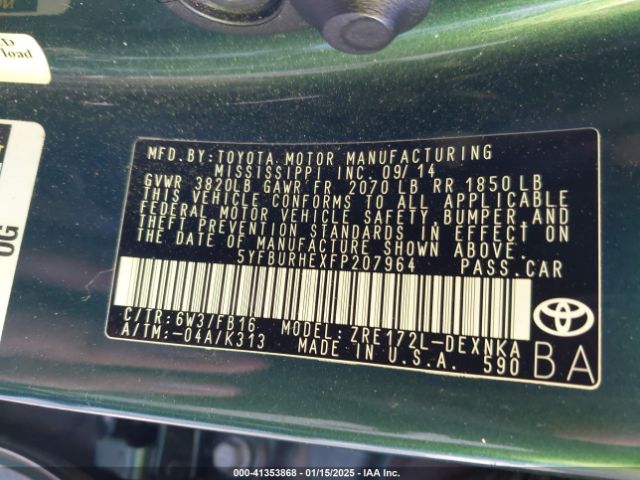 5YFBURHEXFP207964 Toyota COROLLA LE