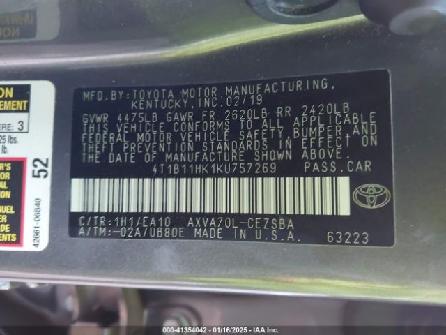 4T1B11HK1KU757269 Toyota CAMRY SE