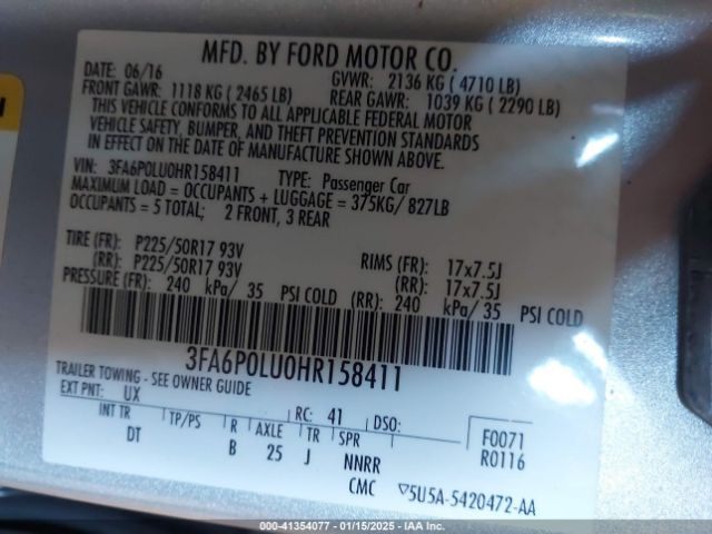 3FA6P0LU0HR158411 Ford Fusion Hybrid Se