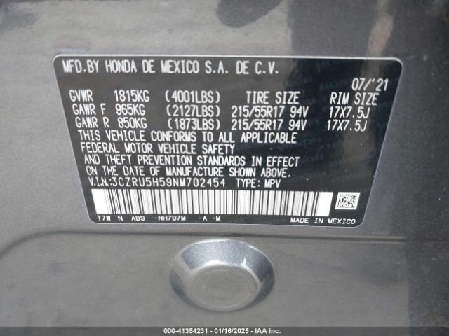 3CZRU5H59NM702454 Honda Hr-v 2wd Ex