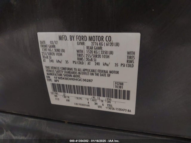 1FM5K8DH0HGC36287 Ford EXPLORER XLT
