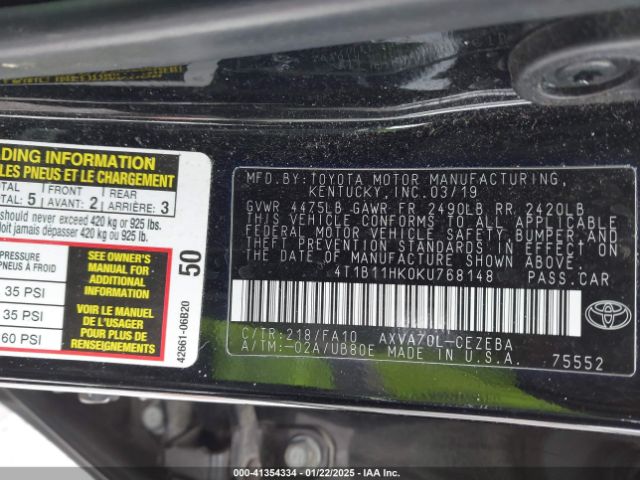 4T1B11HK0KU768148 Toyota CAMRY L