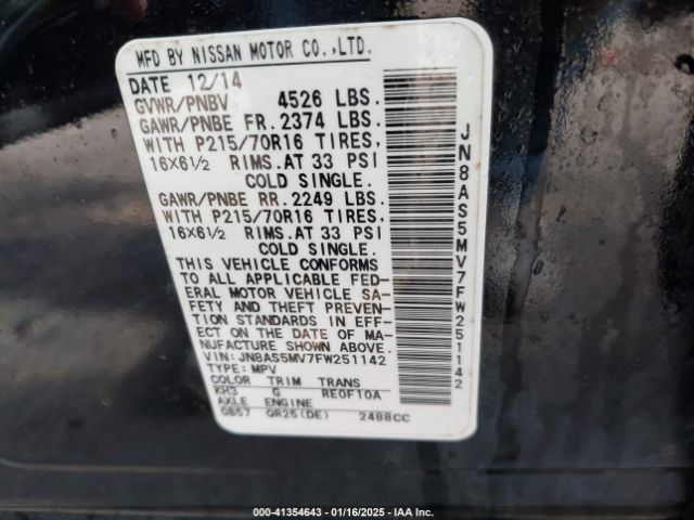 JN8AS5MV7FW251142 Nissan Rogue Select S