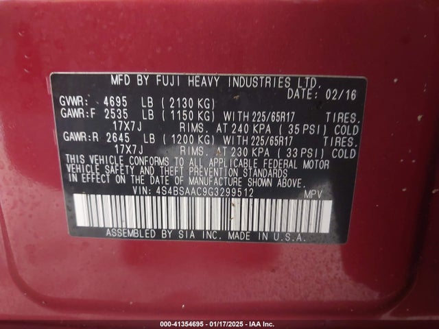 4S4BSAAC9G3299512 Subaru Outback 2.5i
