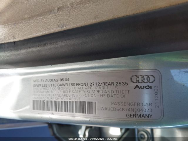 2004 AUDI A6 WAUCD64B74N104023 Photo 8