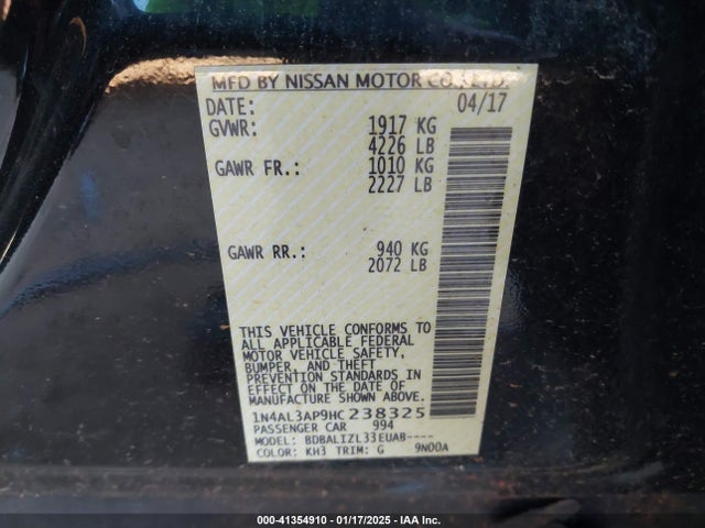 1N4AL3AP9HC238325 Nissan Altima 2.5 Sv