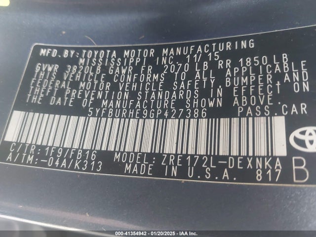 Toyota COROLLA LE 2016 5YFBURHE9GP427386 Image 9
