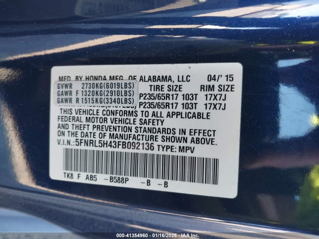 Honda ODYSSEY EX 2015 5FNRL5H43FB092136 Image 9