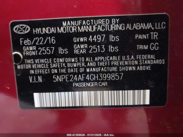 5NPE24AF4GH399857 Hyundai Sonata
