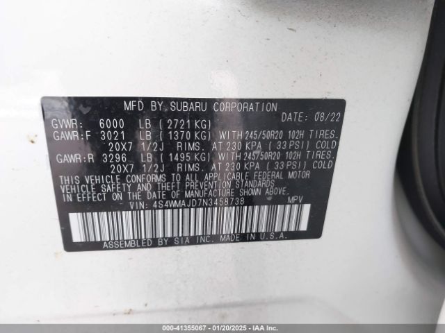 4S4WMAJD7N3458738 Subaru Ascent Onyx Edition