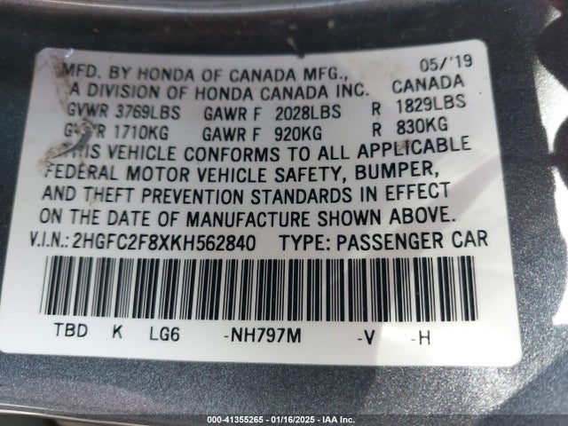 Honda Civic Sport 2019 2HGFC2F8XKH562840 Image 9