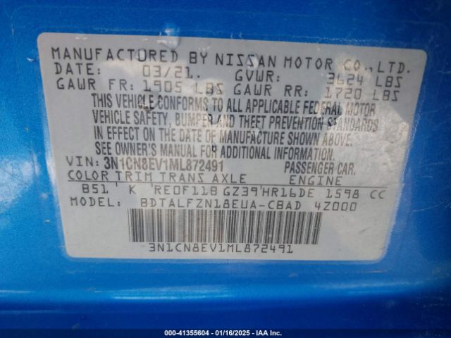 3N1CN8EV1ML872491 Nissan Versa Sv Xtronic Cvt