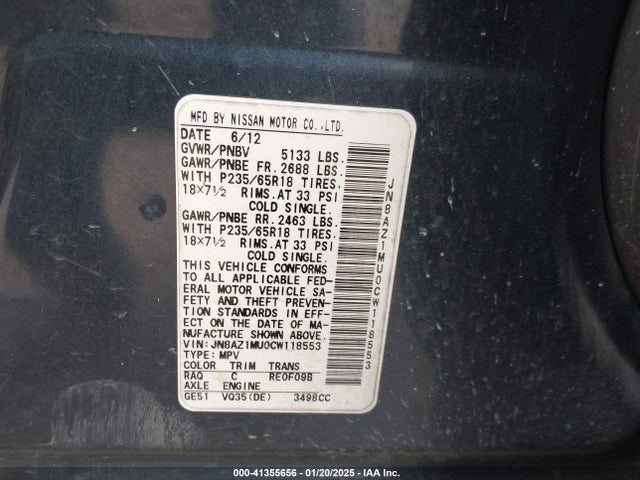41355656 :رقم المزاد ، JN8AZ1MU0CW118553 vin ، 2012 Nissan Murano S مزاد بيع