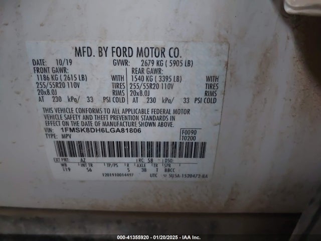 Ford EXPLORER XLT 2020 1FMSK8DH6LGA81806 Image 9