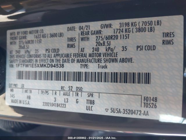 1FTFW1E5XMKD94538 Ford F-150 Lariat
