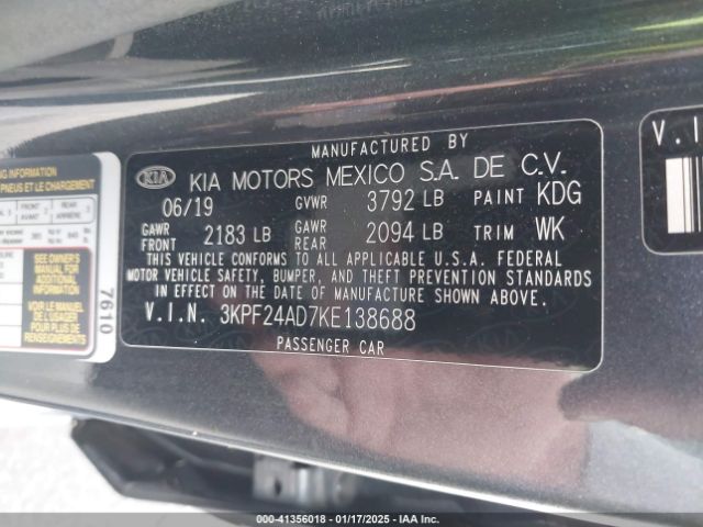 3KPF24AD7KE138688 KIA Forte Lxs