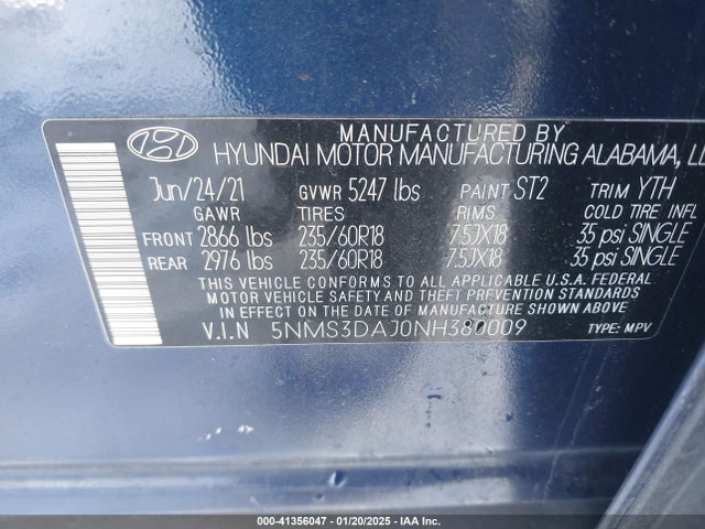 5NMS3DAJ0NH380009 Hyundai Santa Fe Sel
