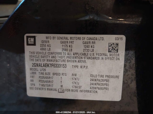 Chevrolet Equinox 2015 2GNALAEK7F6333153 Image 9