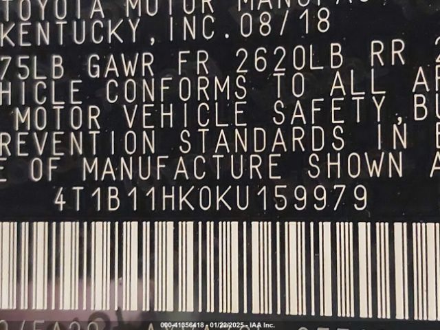 4T1B11HK0KU159979 Toyota CAMRY SE