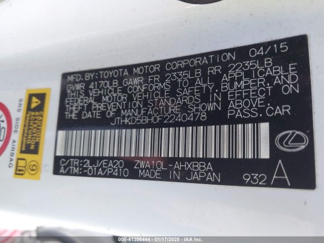 JTHKD5BH0F2240478 Lexus CT 200H