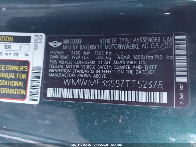2007 MINI COOPER WMWMF33557TT52375 Photo 8