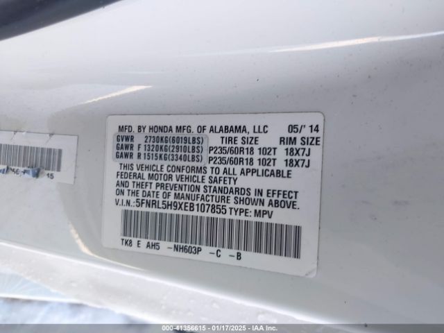 5FNRL5H9XEB107855 Honda Odyssey Touring/touring Elite