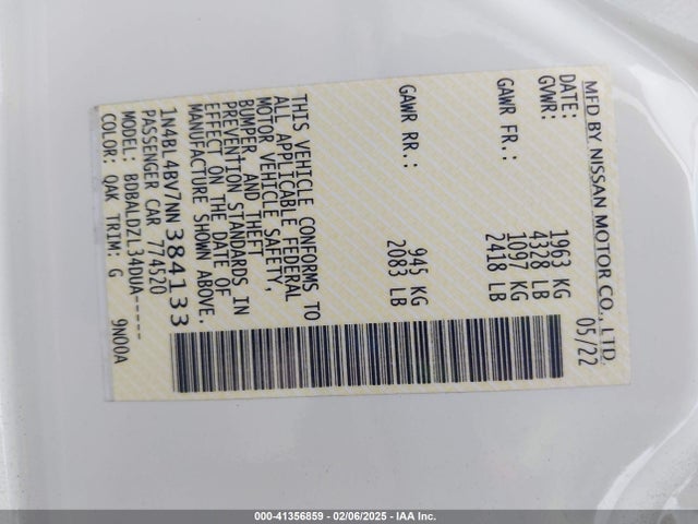 1N4BL4BV7NN384133 Nissan Altima 2.5 S