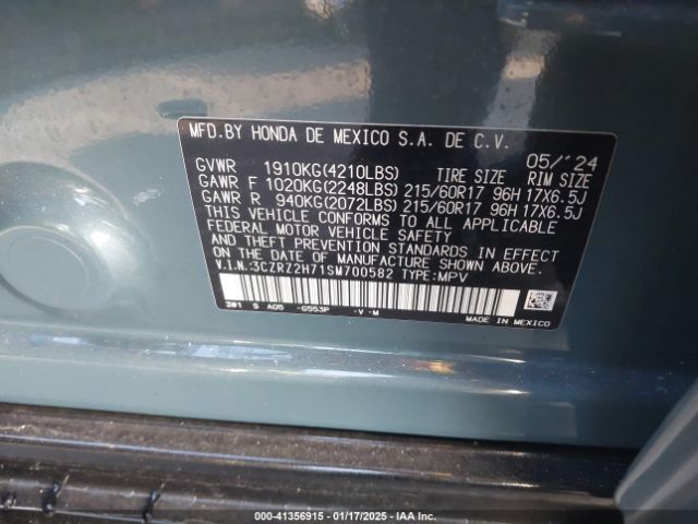 3CZRZ2H71SM700582 Honda Hr-v Awd Ex-l