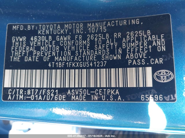 Toyota CAMRY SE 2016 4T1BF1FKXGU541237 Image 9