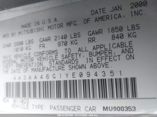 2000 MITSUBISHI GALANT 4A3AA46G1YE094351 Photo 8