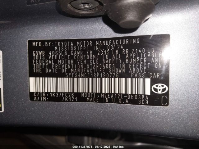 5YFS4MCE1RP190776 Toyota COROLLA SE