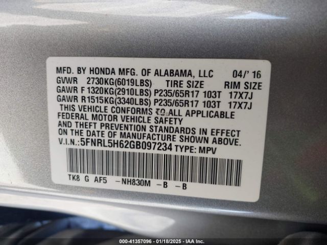 5FNRL5H62GB097234 Honda Odyssey Ex-l