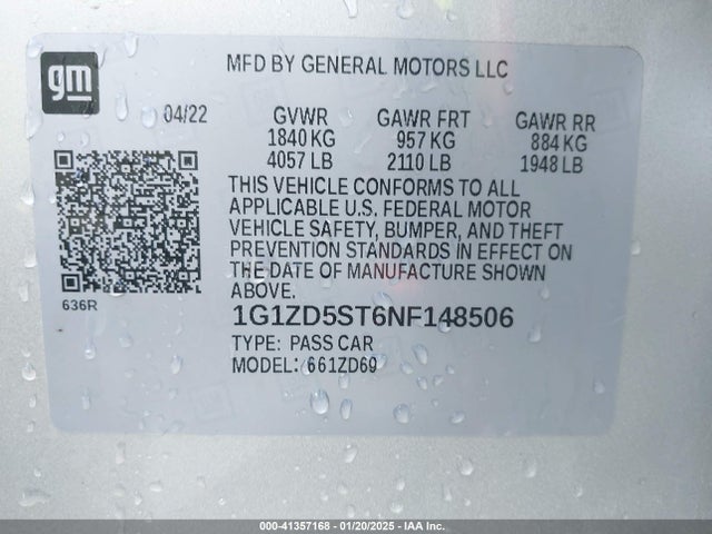 1G1ZD5ST6NF148506 Chevrolet Malibu Fwd Lt