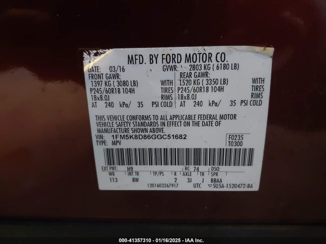 Ford EXPLORER XLT 2016 1FM5K8D86GGC51682 Image 9