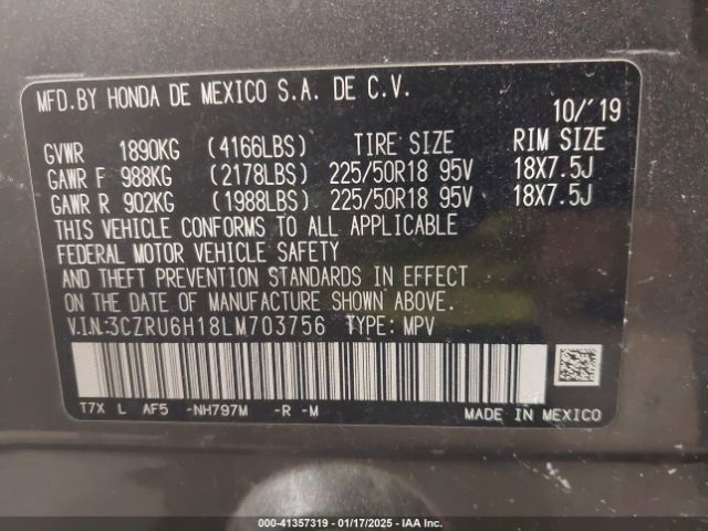3CZRU6H18LM703756 Honda Hr-v Awd Sport