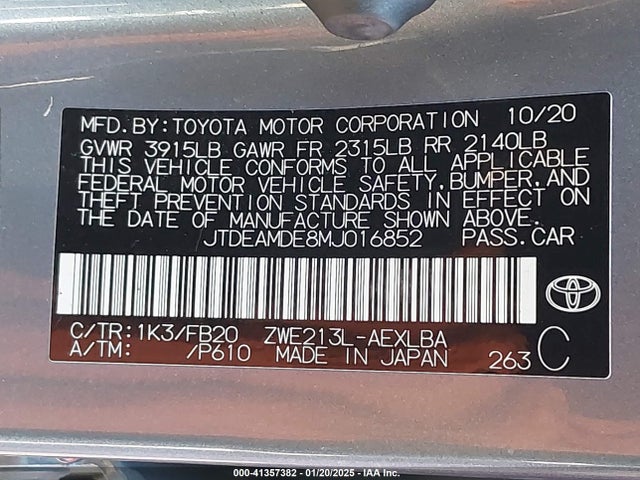 JTDEAMDE8MJ016852 Toyota Corolla Hybrid Le