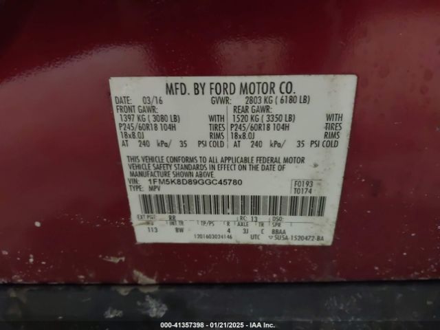 1FM5K8D89GGC45780 Ford EXPLORER XLT