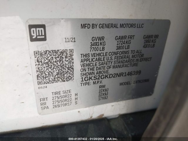 1GKS2GKD2NR146399 GMC Yukon Xl 4wd Slt