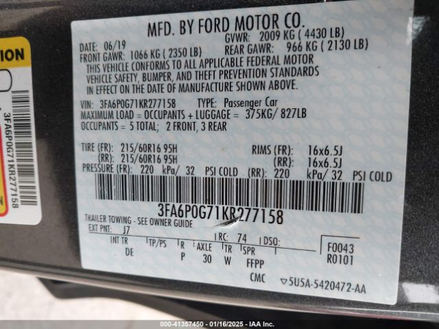 2019 FORD FUSION 3FA6P0G71KR277158 Photo 8