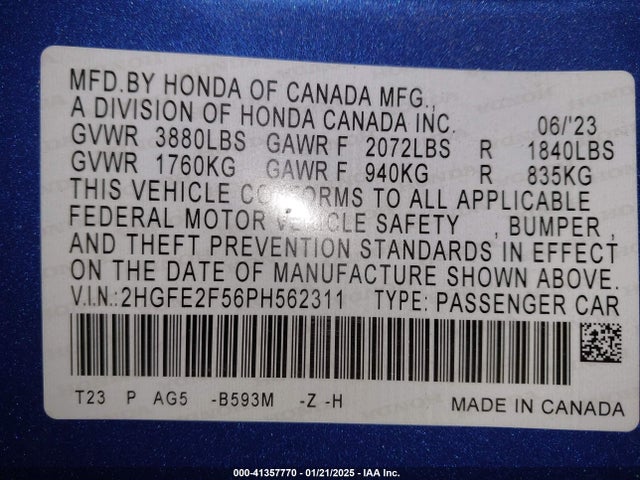 2HGFE2F56PH562311 Honda Civic Sport