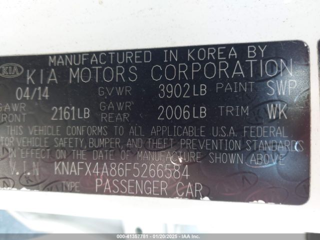 KNAFX4A86F5266584 KIA FORTE EX