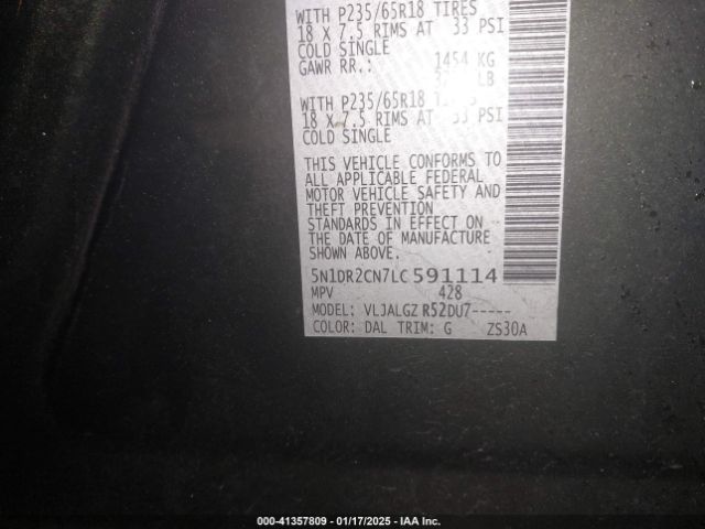 5N1DR2CN7LC591114 Nissan Pathfinder Sl 2wd