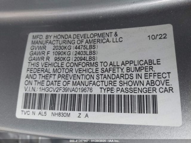 1HGCV2F39NA019676 Honda Accord Sport 2.0t