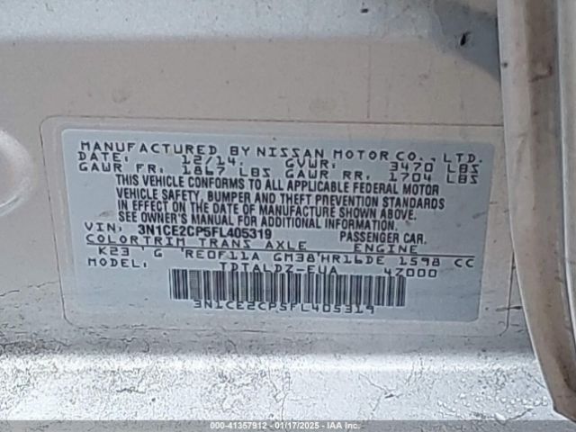 3N1CE2CP5FL405319 Nissan Versa Note S (sr)/s Plus/sl/sr/sv