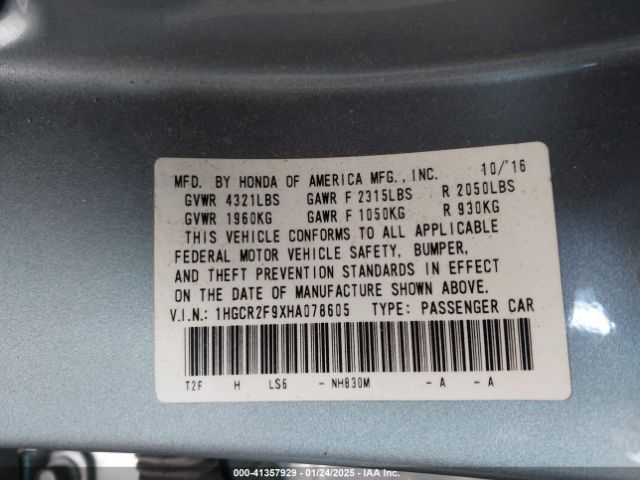1HGCR2F9XHA078605 Honda Accord Ex-l